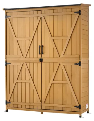 Produktbild von SucceBuy Gartenschrank aus Holz mit abschließbaren Türen und Schrägdach, ausgestattet mit Regalböden und Boden. Ideal als Geräteschuppen oder Werkzeugschrank für Terrasse, Garten und Rasen. Maße: 121 x 43 x 162,5 cm.