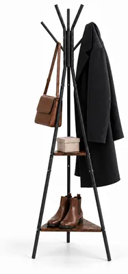 Produktbild von Relaxdays Garderobenständer, 6 Haken, 2 Ablagen, Jacken, Mäntel, Taschen, 182x52x45 cm, Standgarderobe, schwarz/braun, KI-generiertes Bild
