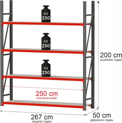 Zdjęcie produktu dla Regał magazynowy metalowy 4-półkowy Mega-M FORTIS 200x267x50 cm moduł bazowy 1000kg