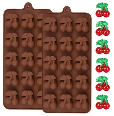 Image de Moules en silicone pour chocolat, forme cerise, lot de 2, avec 15 cavités, dimensions 22,5 x 10,5 cm, pour chocolats et bonbons