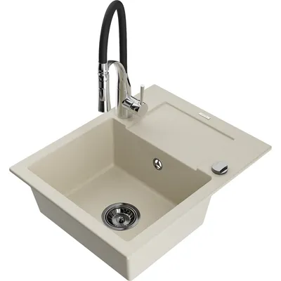 Obrázek produktu pro Mexen Enzo 1-miskový granitový dřez s odkapávačem a kuchyňskou baterií Aster, Béžová - 6506-69-73450-07-B