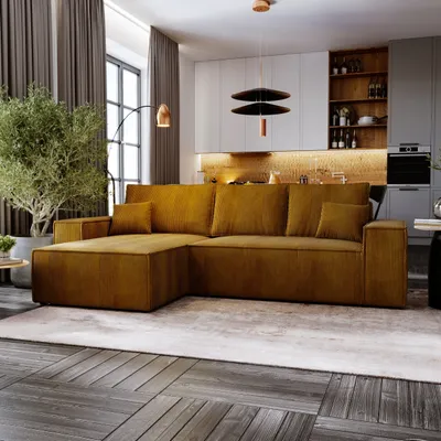 Produktbild von Ecksofa MOSEN L-form 279x181 cm mit Bettkasten und Schlaffunktion, linke Seite - Poso 01 / Senffarbe