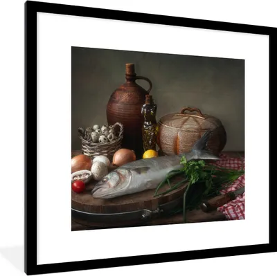 Produktbild von MuchoWow® Gerahmtes Poster Rustikal - Fisch - Stilleben - Gemüse - Kräuter 40x40 cm - Poster mit Schwarzem Bilderrahmen Wandposter Rahmen Foto Bilder - Poster - Plakat im Rahmen