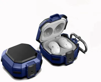 Produktbild von Oortelefonhoesje voor Samsung Galaxy Buds, duurzaam TPU en pc, karabijnhaak, krasbestendig, veiligheidsslot, zwart en blauw