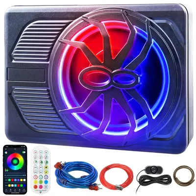 Image de Subwoofer pour voiture - Subwoofer actif de 25 cm à installer sous le siège - Design compact - Amplificateur intégré - Contrôle via application - Éclairage RGB - 12 V - Noir