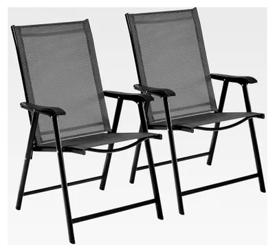 Produktbild von 2er Set Gartenstühle, Hochlehner Klappstühle für Terrasse mit Rückenlehne und Armlehnen, klappbare Outdoor-Stühle bis 150 kg belastbar in Schwarz