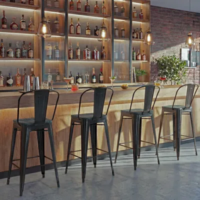 Zdjęcie produktu dla zestaw 4 stołków barowych HWC-A73 z drewnianym siedziskiem, stołek barowy z oparciem, metalowy, industrialny design ~ czarny