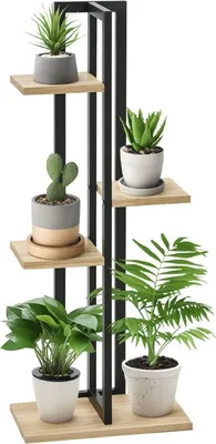 Image de Support à plantes à 4 étages, support à fleurs réglable de 110 cm de haut pour l'intérieur et l'extérieur, en bois noir et bois naturel