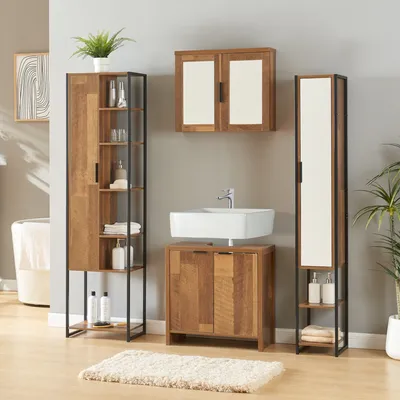 A bathroom furniture set displayed in a room setting.