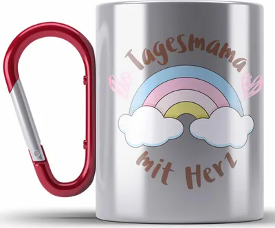 Produktbild von Trendation - Tagesmama Geschenk Edelstahl Tasse Karabiner Tagesmutter Aufpasserin Erzieherin Geschenkidee mit Herz (Rot)