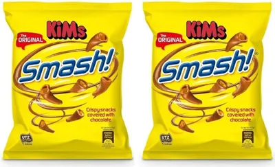 Produktbild von 2er Pack KiM’s Smash! – Dänischer Snack-Genuss – Knusprige Maishörnchen mit Milchschokolade überzogen – +Heartforcards Versandschutz