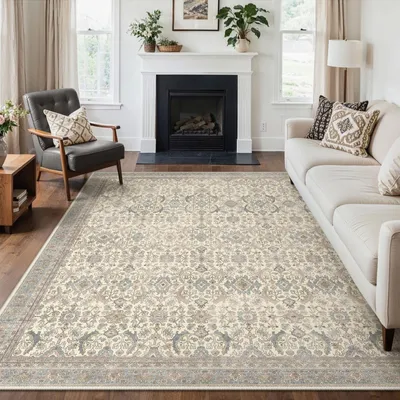 Kurzflor-Boho-Teppich, waschbar, rutschfest, 200x290 cm, Vintage Beige