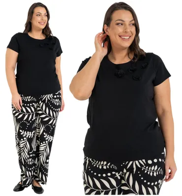 Produktbild von Moraj - Damenbekleidung Größe XL - Damen T-Shirt Schwarz - T-Shirt schwarz fur Damen - T-Shirt mit Blumen Ausschnitt Rund