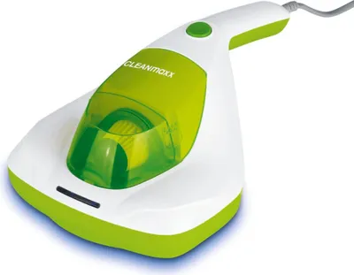 A white and green handheld vacuum cleaner with a transparent dustbin, shown against a white background.