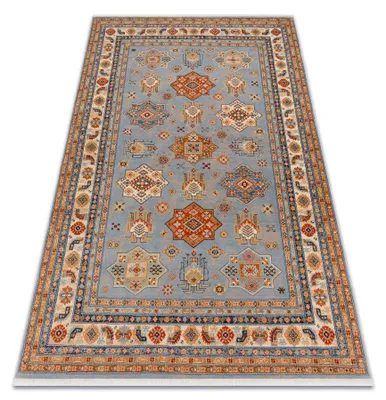 Image de Tapis en laine KESHAN franges, Cadre oriental 7683/53544 beige / bleu multicolore 80x145 cm