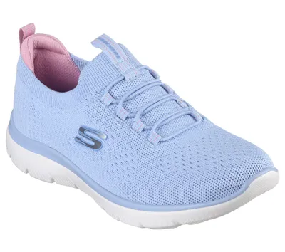 A single light blue Skechers sneaker with pink accents is shown against a white background.