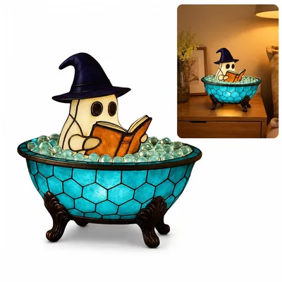 Produktbild von Halloween Geister Blasenbad Lampe, kreative Harz Dekofigur mit lesendem Geist in Badewanne, Nachtlicht für Schlafzimmer, Schreibtisch und Geschenk