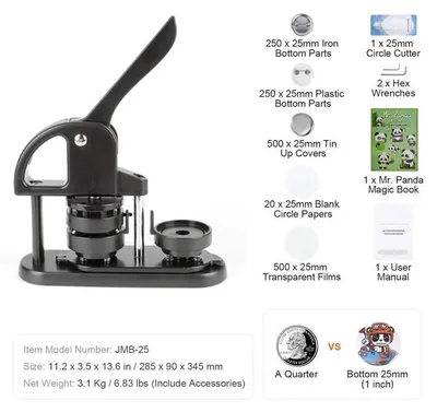 Produktbild von Buttonmaschine JMB-25 - Manuelle Buttonpresse 25 mm - DIY Buttons und Anstecker - Für Kühlschrankmagnete - Bastelarbeiten
