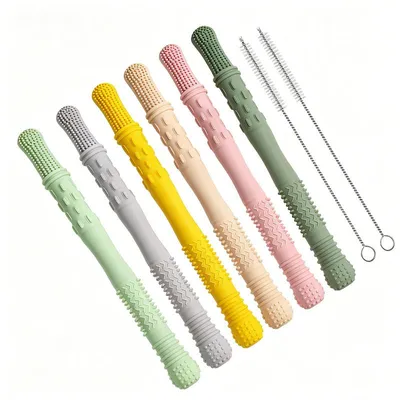 Produktbild von Beißring Baby 6er Set Zahnungshilfe BPA frei, Silikon Kaustange für 3-12 Monate, Beißspielzeug mit Reinigungsbürsten, spülmaschinengeeignet