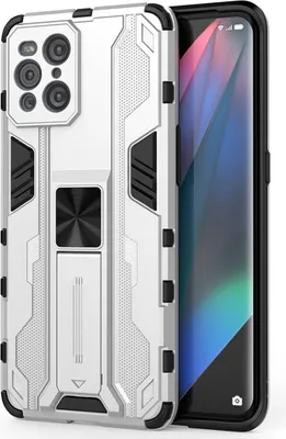 A silver and black phone case with a kickstand is shown next to a smartphone.