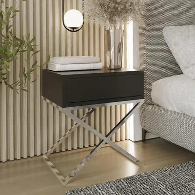 Produktbild von AX LIVING Nachttisch modern Aleio X 45cm breit, schwarz, Chromgestell