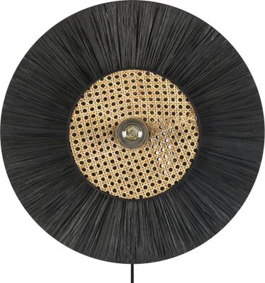 BELIANI Wandleuchte Schwarz Papier und Rattan Rund Wiener-Geflecht Glühbirnen-Optik Kabel mit Schalter Modern Boho Japandi Skandi Beleuchtung Leuchte