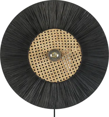 Produktbild von BELIANI Wandleuchte Schwarz Papier und Rattan Rund Wiener-Geflecht Glühbirnen-Optik Kabel mit Schalter Modern Boho Japandi Skandi Beleuchtung Leuchte