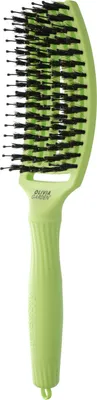A light green hairbrush with black bristles is shown against a white background.