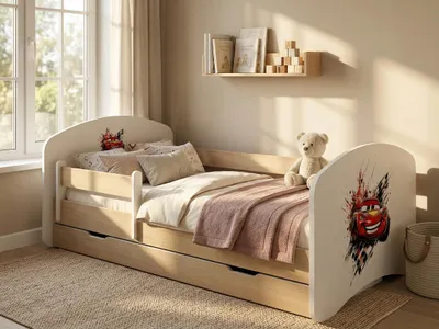 Image de Lit bébé « Happy » 140 x 70 cm avec tiroir et barrière de sécurité | Lit junior aspect bois poirier | Lit pour tout-petits robuste