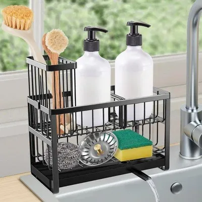 Produktbild von Famanu Spülbecken Organizer - Edelstahl Küchenorganizer mit selbstentleerendem Abfluss - Schwarzer Organizer mit Aufbewahrungsbox für Spülbürsten