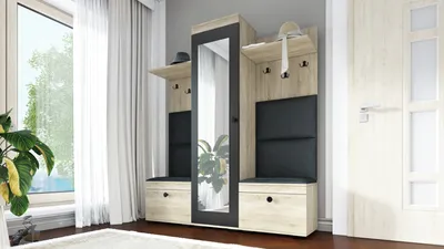 Produktbild von Flurgarderobe DUO-2, Spiegel, Garderobenschrank, 2 Schuhschränke, 6 Kleiderhaken, 2 Hutablagen - Sonoma Eiche