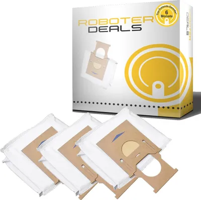 A product shot of replacement dust bags for a robot vacuum cleaner, with the product packaging in the background.