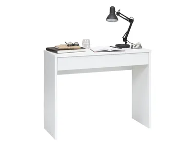 A white desk with a black lamp, books, and a glass of water on it, set against a white background.