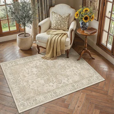 Zdjęcie produktu dla Vintage Dywan 120x170 cm, beżowy, prać w pralce, antypoślizgowy, do salonu