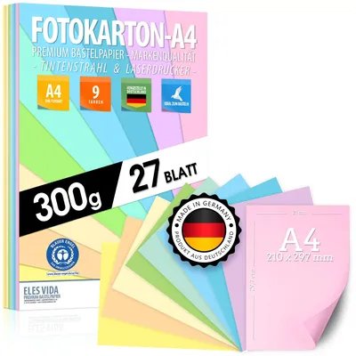 Fotokarton A4 300g 9 Pastellfarben 27 Blatt Bastelkarton