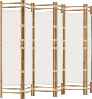 A multi-panel room divider made of bamboo and white canvas.
