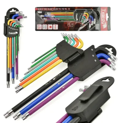 Immagine prodotto di Set chiavi Torx lunghe ad L , T10 - T50,acciaio S2, colorate, kit 9 chiavi Torx extra lunghe in pratico supporto, Tvardy