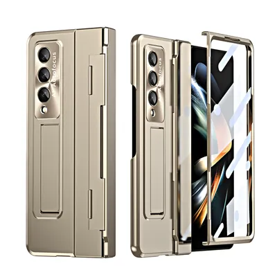 Immagine prodotto di Custodia per Samsung Galaxy Z Fold 3 5G, Custodia protettiva galvanizzata con supporto, con protezione dello schermo e dell'obiettivo Oro