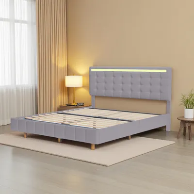 Obrázok produktu pre Čalúnená posteľ Fortuna Lai 160x200 cm, LED, USB, plávajúca posteľ s nastaviteľným čelom, ľan, sivá