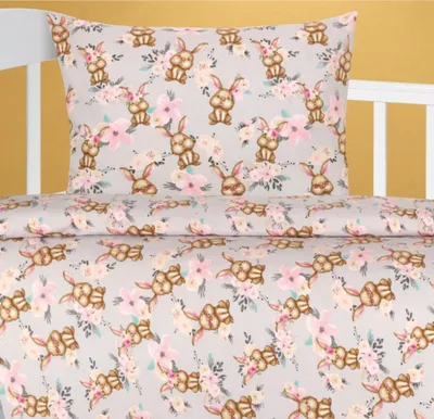 Image de Linge de lit enfant en coton - Gris, marron, rose - 100x135, 45x60