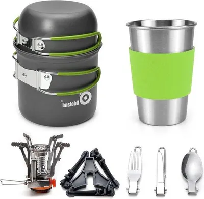 Produktbild von Famanu Campinggeschirr 9-teilig - Aluminium Kochtopfset mit Zubehör