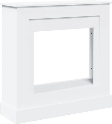 A white fireplace surround with a rectangular opening.