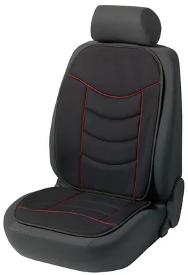 A black car seat cover with red stitching is shown on a car seat.