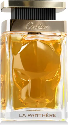 A close-up front view of a Cartier La Panthere Parfum bottle.