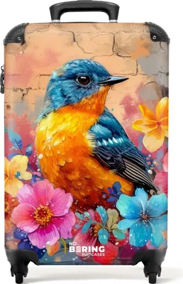 Produktbild von NoBoringSuitcases.com® Koffer Handgepäck Trolley Rollkoffer Kleine Reisekoffer mit 4 Rollen - Vogel mit Blumen im Graffiti-Stil - Cabin Size < 55x40x23 cm & 55x40x20 cm - Fotokoffer - Kabinenkoffer - BoardgepäckHandgepäck Koffer 55x35x20 cm, 36L,
