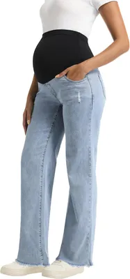 Zdjęcie produktu dla Jeansy ciążowe proste nogawki, ponad brzuch, denim, z kieszeniami, na co dzień