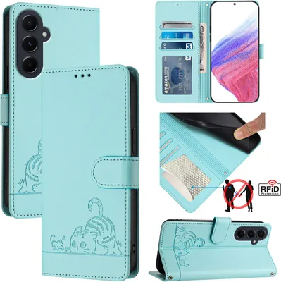 Produktbild von Leder Hülle für Samsung Galaxy A55 5G Süße Katze Flip Case Brieftasche Schutzhülle mit Standfunktion hellgrün