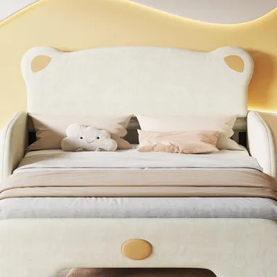 Image de okwish lit rembourré, 140x200cm lit d'enfant avec tête de lit en forme d'ours et sommier à lattes en bois, beige (sans matelas)
