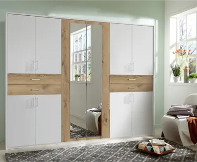 Produktbild von Kleiderschrank mit Passepartoutrahmen, 273 cm breit in weiß mit Plankeneiche, TREVISO-43