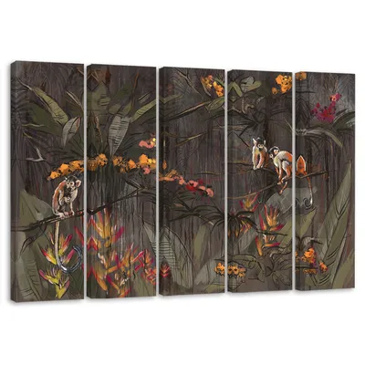 Produktbild von 5-teiliges leinwandbild dschungel affen 150x100 cm Feeby grau wandbild bereit zum aufhängen